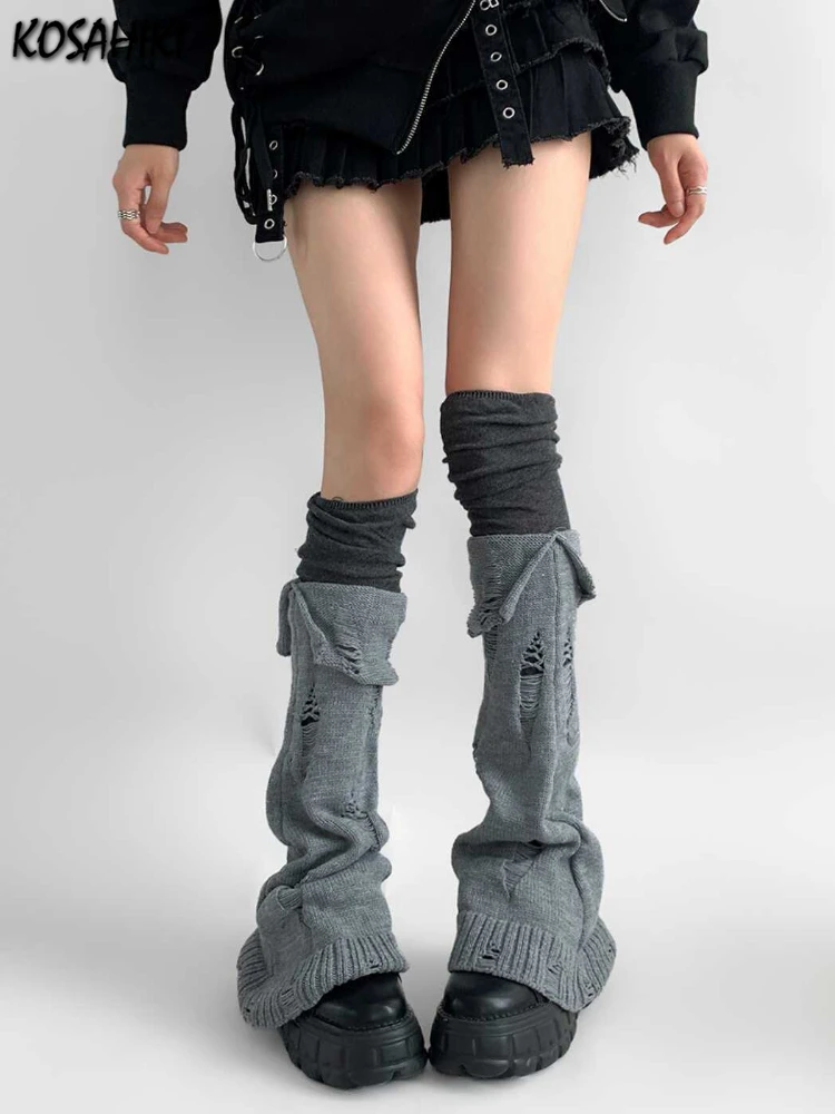

Japanese Lolita Y2k Solid Color Leg Warmers Women Ripped Vintage Foot Heel Warm Knitted Knee High Socks Legging Gaiters Cover