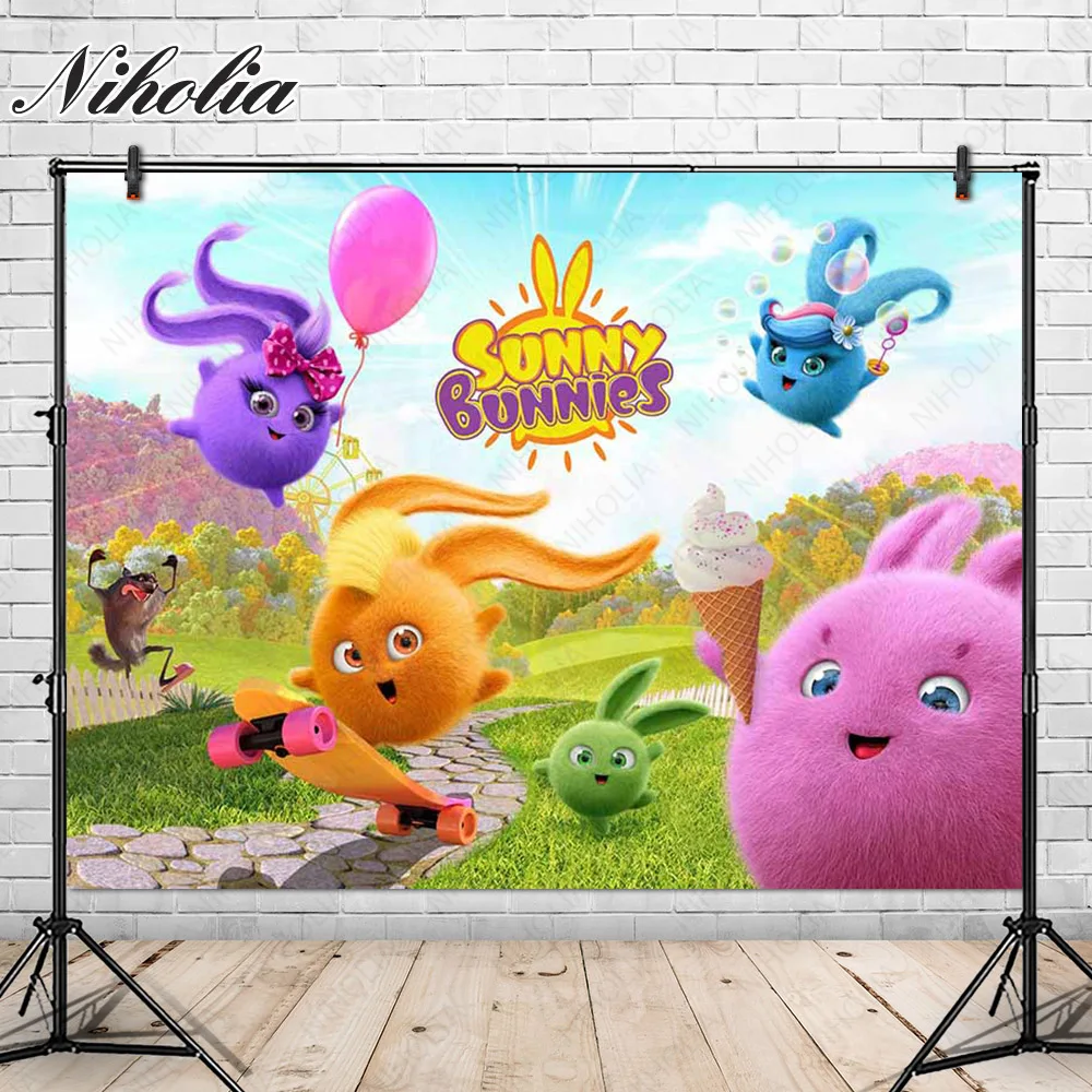 Niholia Sunny Bunnies Backdrop For Kids Birthday Photography Background Colorful Rabbits Poster Photo Booth Props