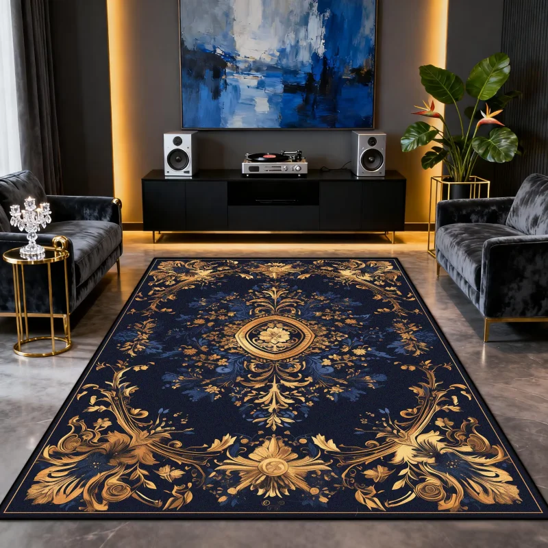 

Нескользящий ковер в европейском стиле золотого и синего цвета для гостиной, роскошное украшение для спальни, мягкий ковер, легко чистящийся короткий бархатный напольный коврик