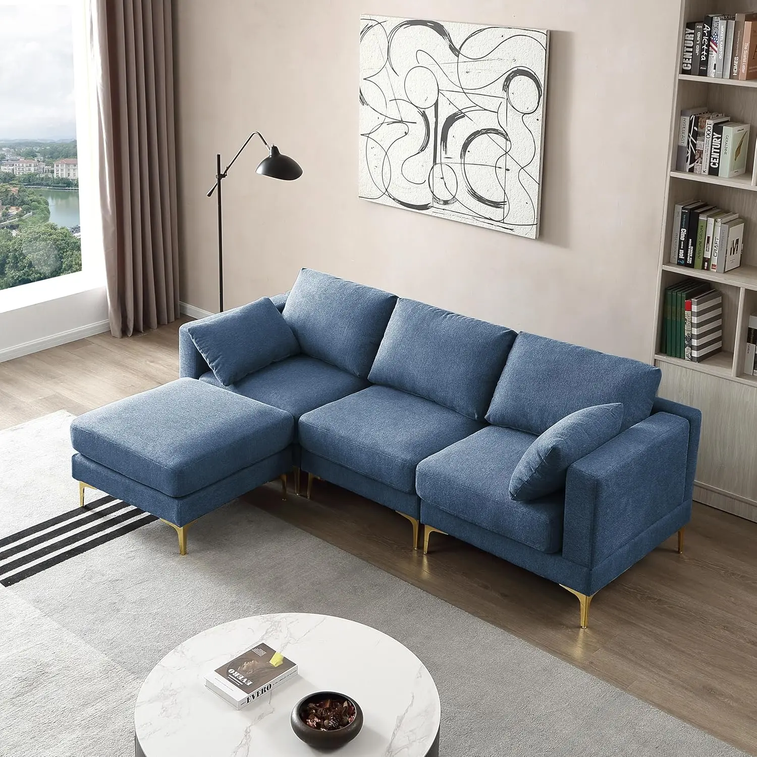 

Convertible Sectional Sofa, Linen Fabric Modern Sofá Upholstered Furniture with Reversible Ottoman, for Living Room, Apartment