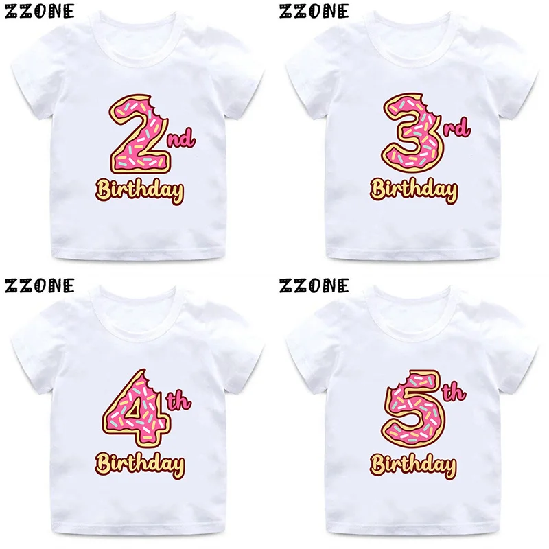 

Cute Donuts Print Girls Clothes 1 2 3 4 5 6 7 8 9 Years Happy Birthday Number Bow Kids Short Sleeve T shirt Baby Boys T-Shirts