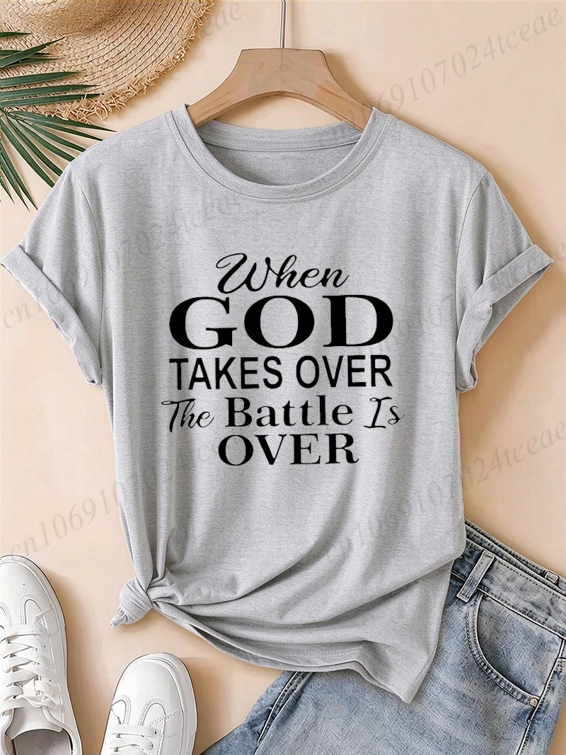 Women Christian T Shirt When God Takes Over Letter Print Tees Casual Short Sleeve O Neck Faith Quote Religious Gift Summer Tops