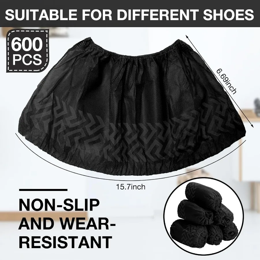 600팩 일회용 부츠/신발 커버, 미끄럼 방지, 두꺼운 추가 보호 기능, 남녀 공용, 검정색, 내구성 좋음, 이상적인 선택