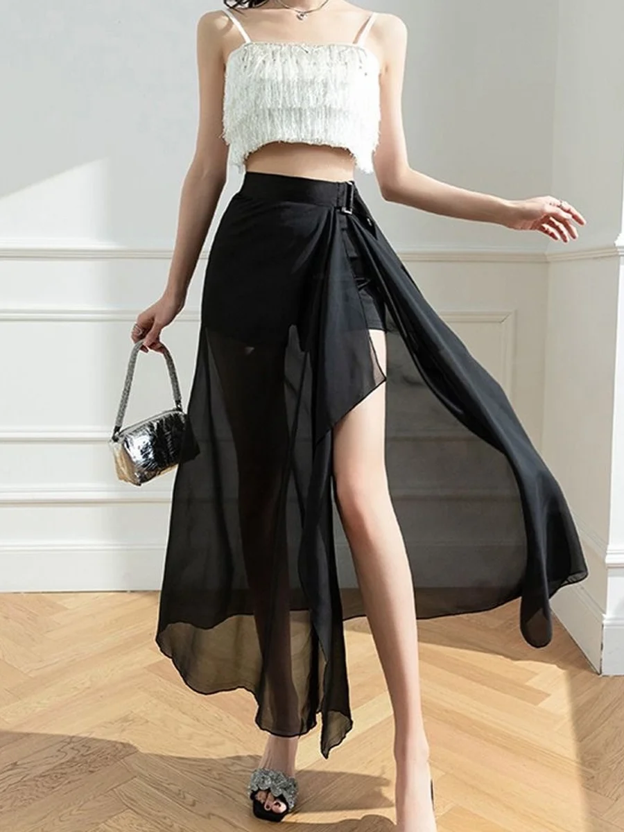 

High Waist A-Line Long Skirt Sexy Sle Me Splicing One-Piece Design Spring Autumn New Arrival Women's Skirt Casual Scene