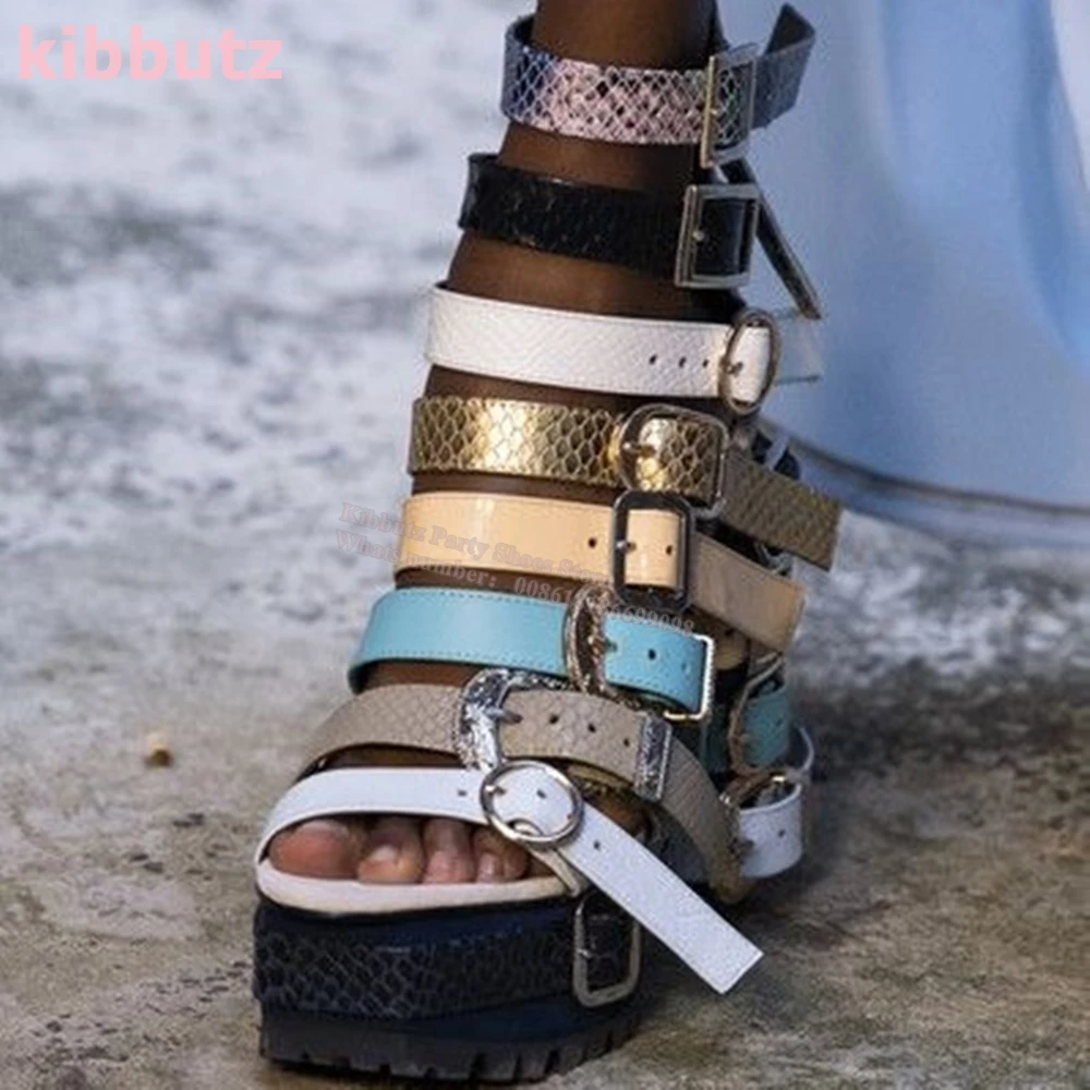 Belt Buckles Platform Sandals Ankle Strap Round Toe Chunky Heel Mixed Toe Genuine Leather Novelty Fashion Sexy Runway Show Shoes