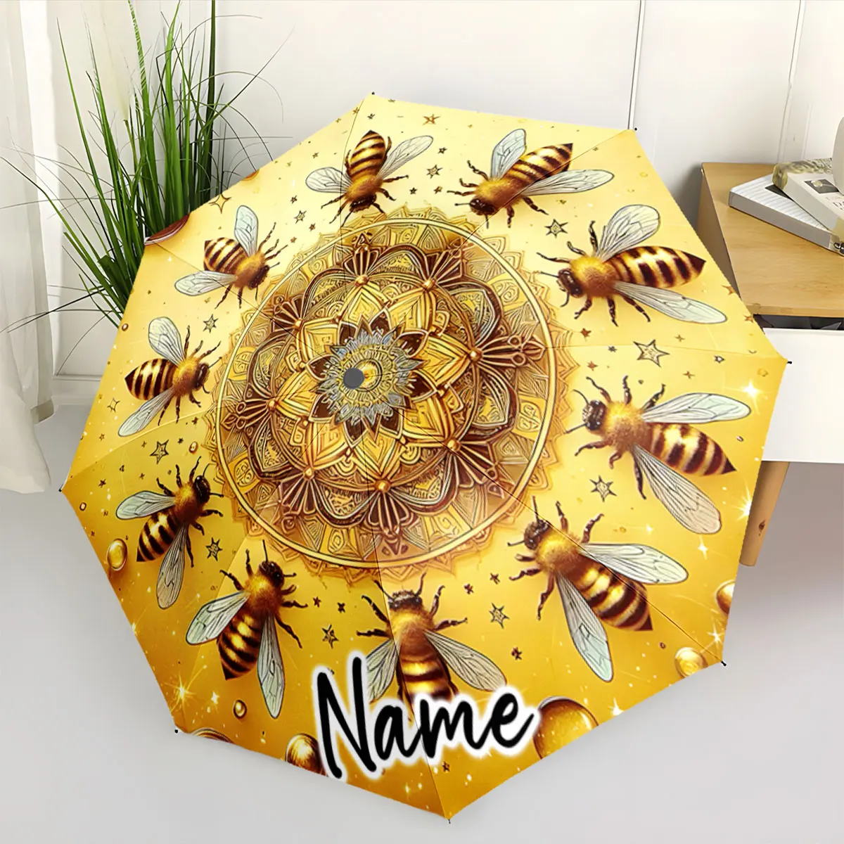 Custom Name Umbrella Mandala and Bee Pattern Umbrella Design Print 8 Iron Ribs Folding Umbrella Auto-Open Fashion Sunshade