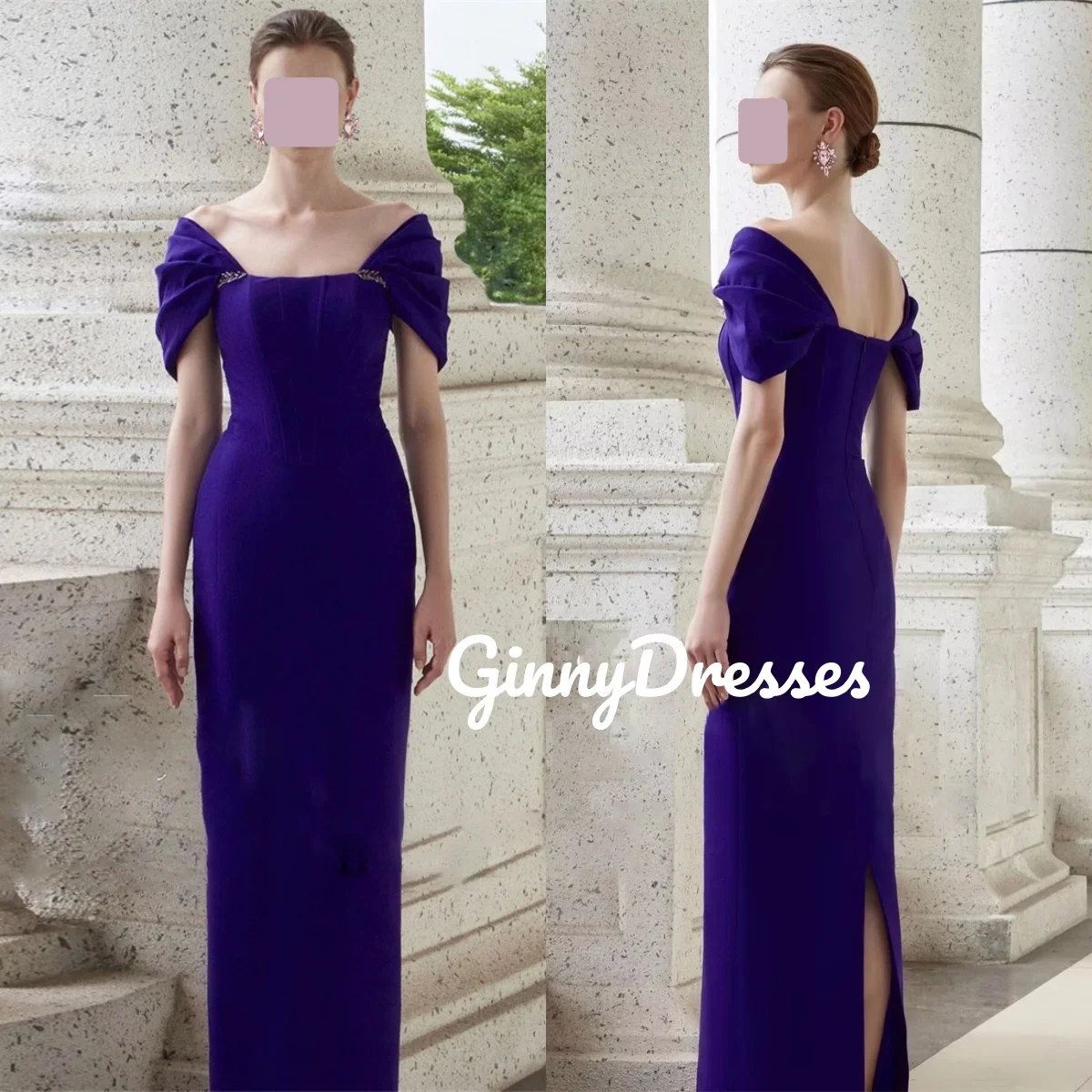 

Customize Dresses For Prom Column Square Neckline Floor-Length Beaded Evening Dress Short Sleeves Zipper Up Formal Occasion Dres