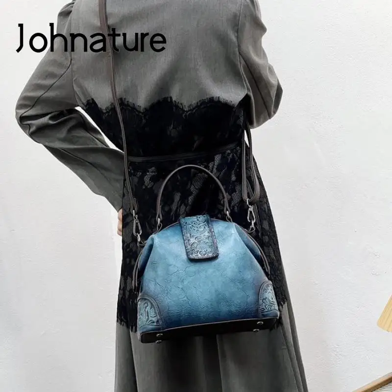 Johnature Retro Embossed Women Leather Bag 2024 New Versatile Leisure Handbag Large Capacity Shoulder & Crossbody Bags