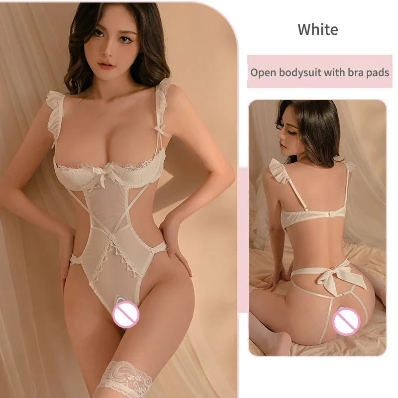 Hot Sell Crotchless Sexy Lingerie Combination Women Lace Hollow Bodysuit Teddy Babydoll Dress Deep V Open Bra Erotic Underwear