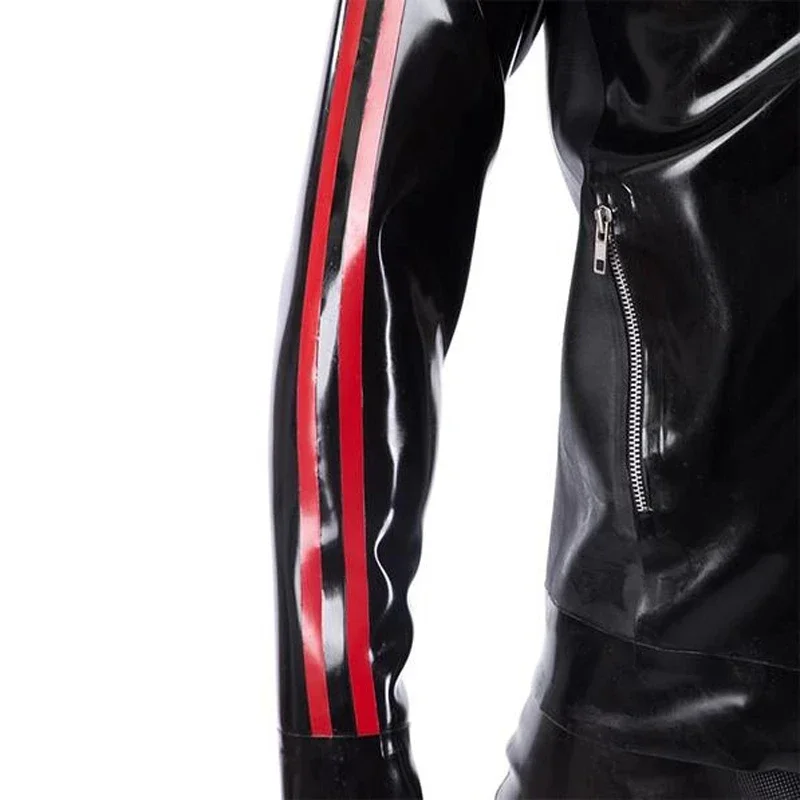 Latex Jacket Coat Rubber Catsuit Black with Red with Front Zip 2 Breast Zip 2 Red Stripes