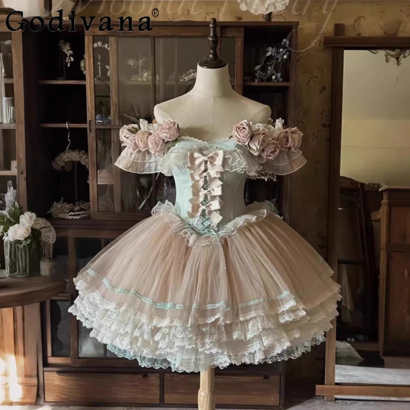 

Princess Style Mini Dress 2025 New Women's Slim Fit Elegant Sweet Lolita Dress Girls Cute Bow Mesh Patchwork Ball Gown Dress