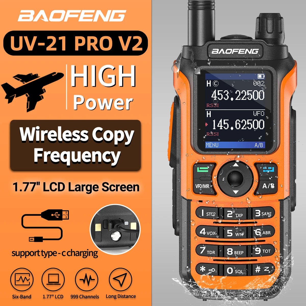 Baofeng UV-21 PRO V2 장거리 워키토키, 멀티 밴드 휴대용 충전식 라디오, C 타입 무선 복사 주파수, 사냥용