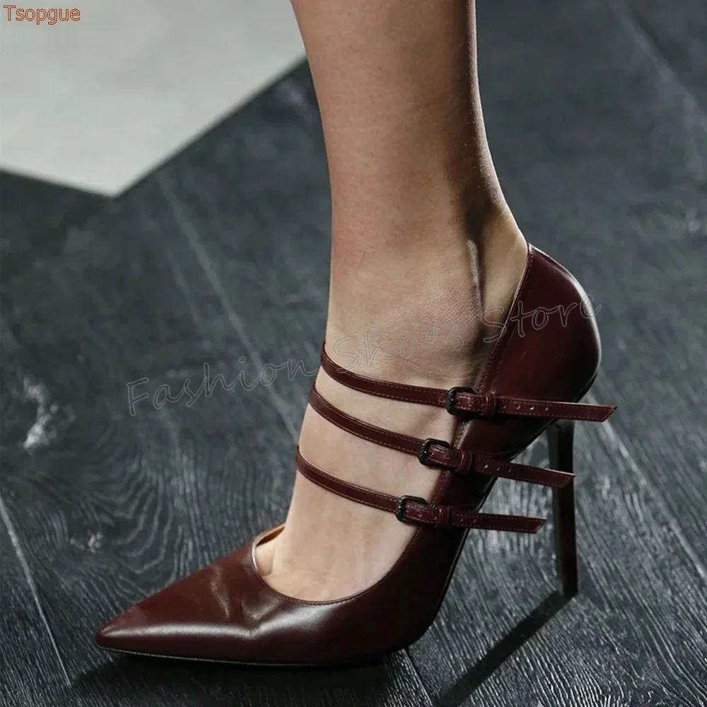 

Claret Pointed Toe Buckle Decor Pumps Matte Leather Thin High Heels High Heel Shoes for Women Heels 2025 New Zapatos Para Mujere