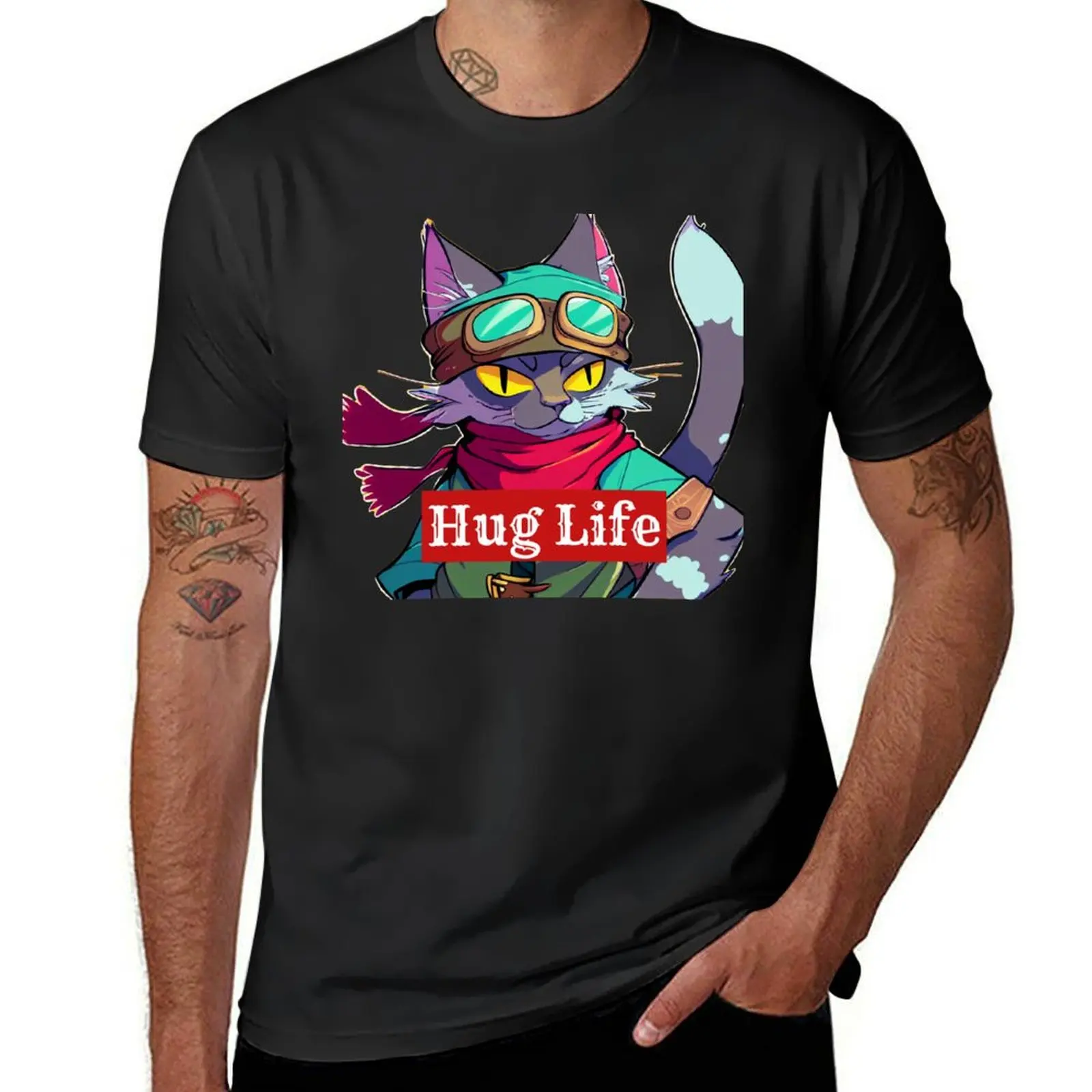 Hug Life Japanese Anime Street Cat called Whiskers T-Shirt Aesthetic clothing oversizeds tops sports fans men graphic t shirts