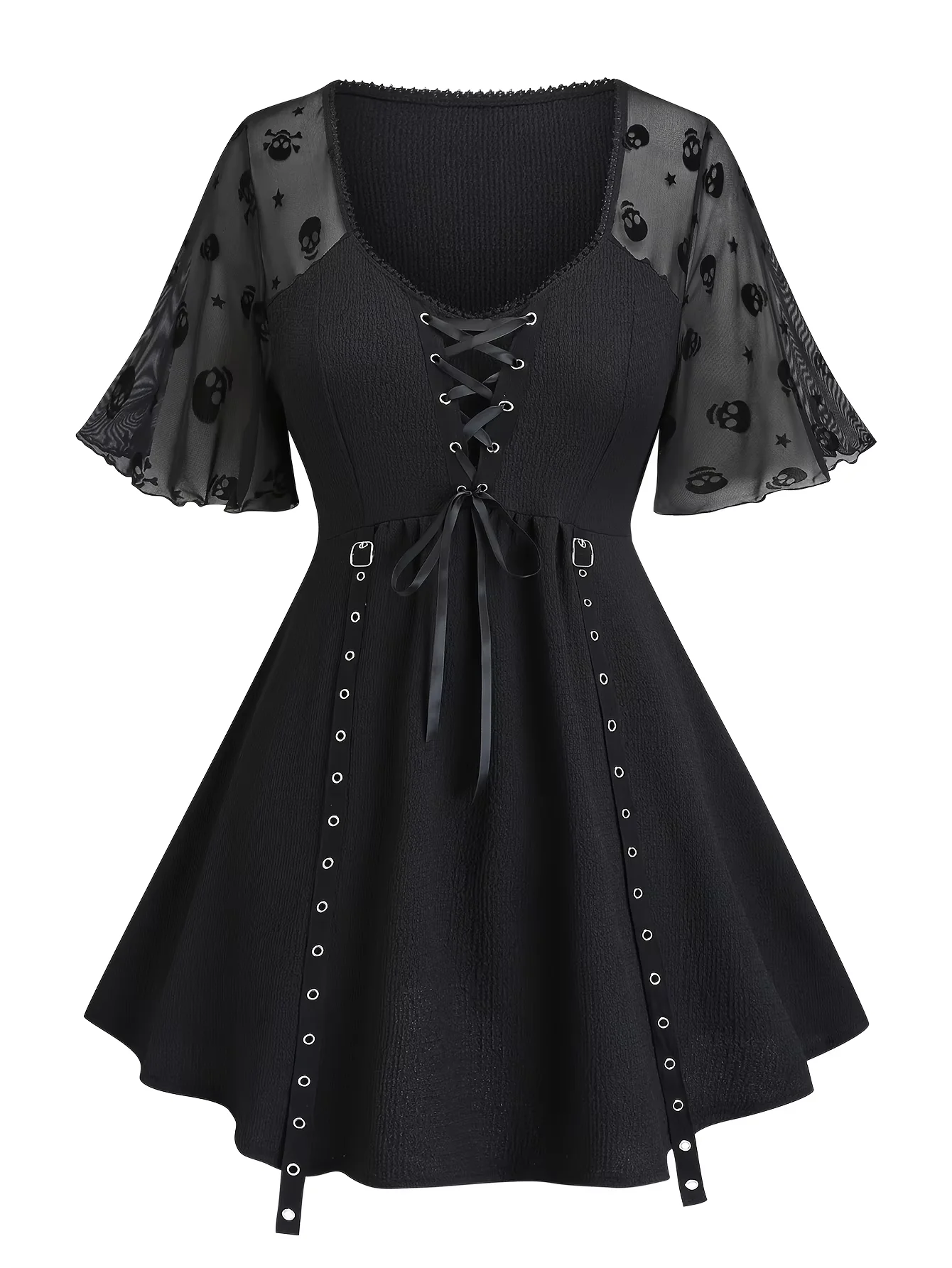 Übergröße Damenkleid mit Totenkopf-Stern-Mesh, Beflockten Ärmeln, Schnürung, Schnallen-Schulterriemen und Plissee
