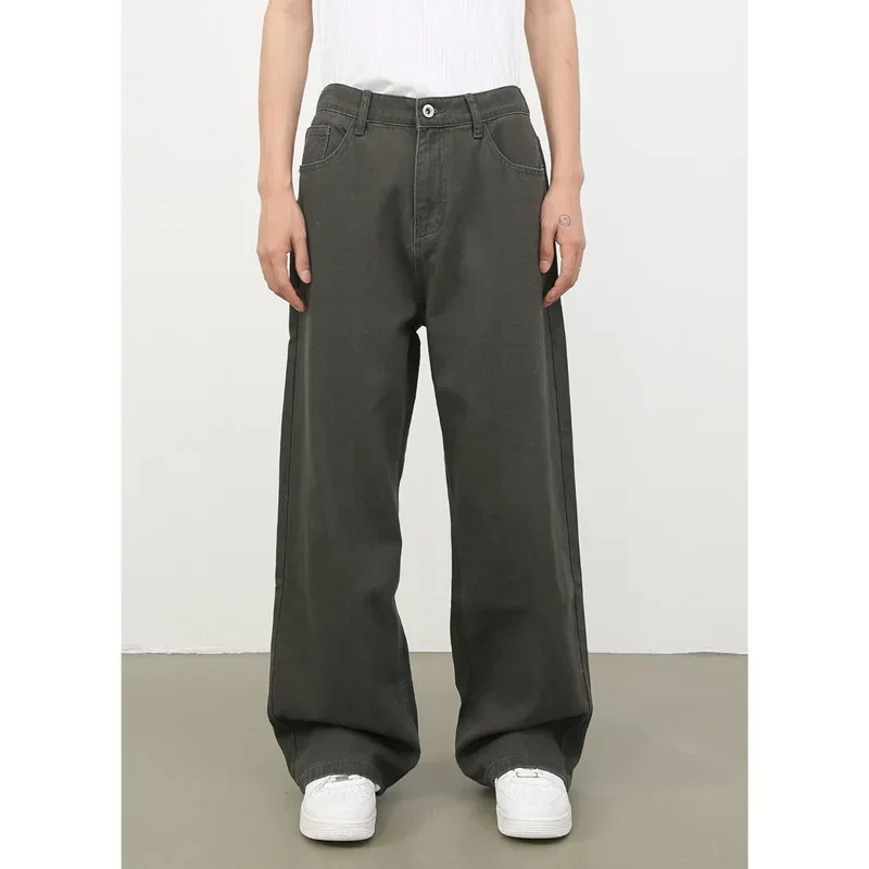 

Мужские японские корейские уличные джинсы-карго с полуэластичной резинкой на талии, свободные повседневные однотонные джинсовые широкие мешковатые брюки, брюки