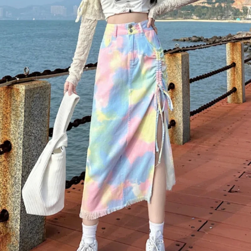 

New Tie Dye Lacing Drawstring Folded Design A-line Skirts Split Hem High Waist Slim Elegant Fashion Long Skirts Women Clothing