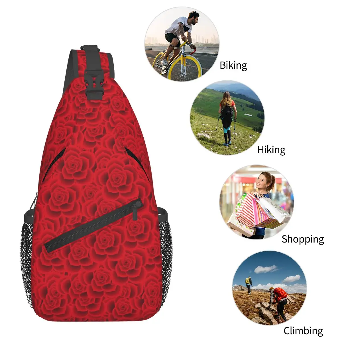 Red Roses Floral Pattern Chest Bag Men Sling Crossbody Backpack Chest Bag Traveling Hiking Daypack Shoulder Bag