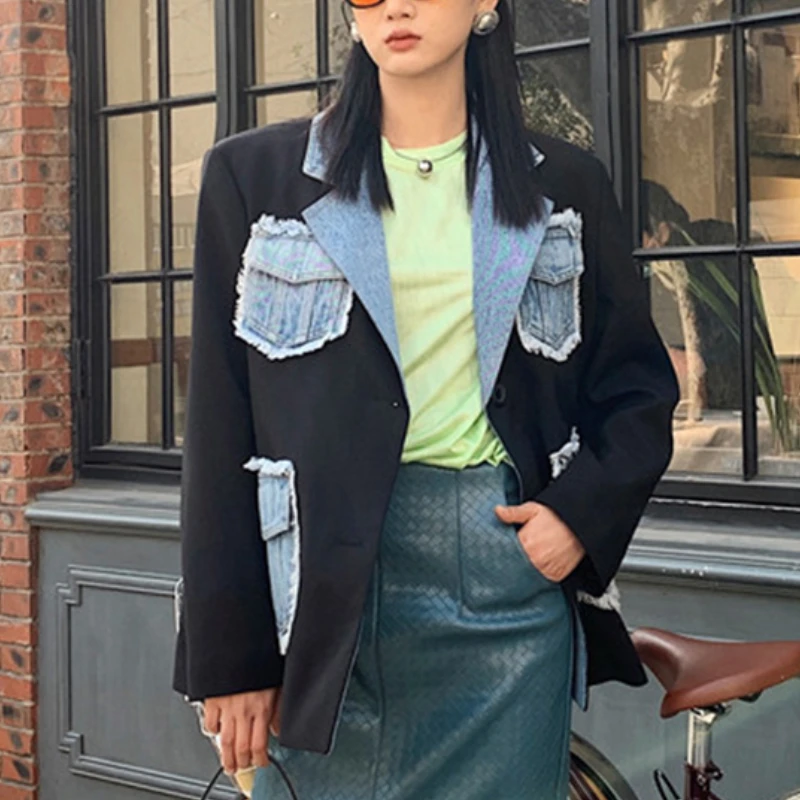 Women Blue Black Contrast Color Patchwork Denim Jackets Notched Collar Blazers Coat Long Sleeve OL Suits Jacket Cardigan Outwear