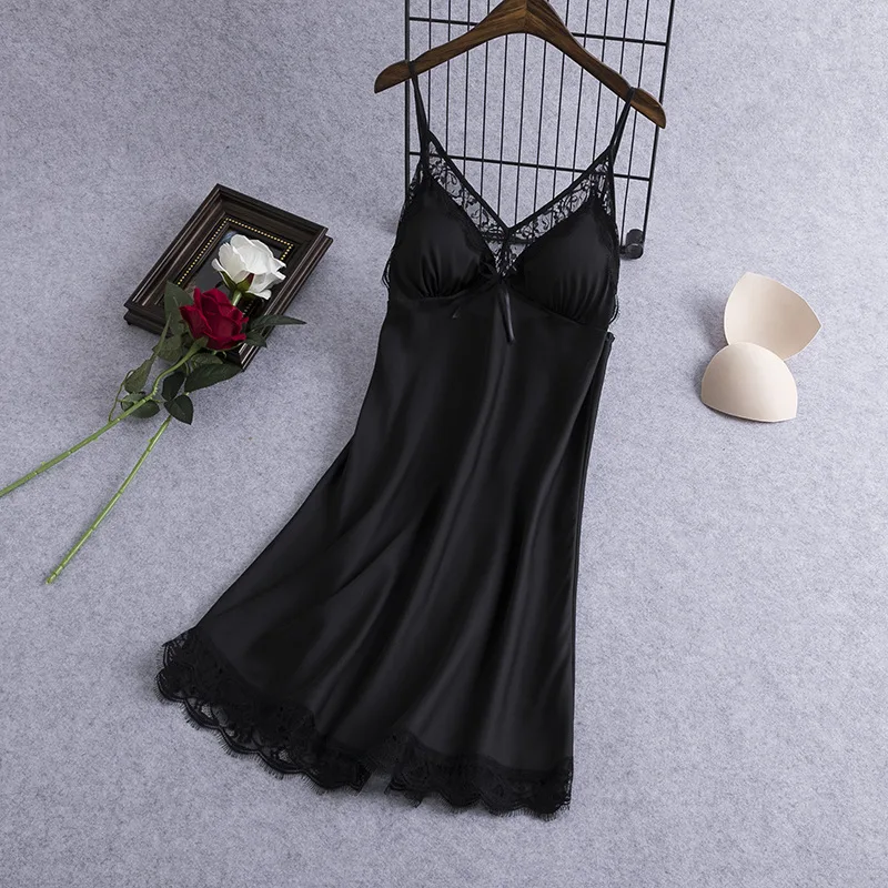 Sexy Lace Nightgown Black Women Sleepwear Spaghetti Strap Nightdress Nightie Summer Satin Nightwear Gown Home Dress Loungewear