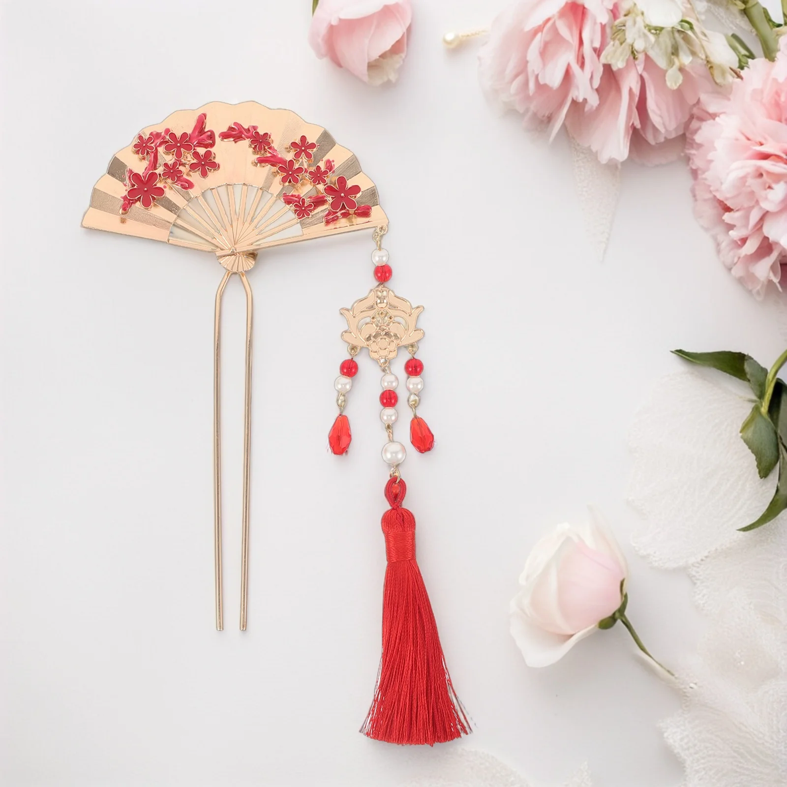 

New Chinese Style Hairpin Handmade Floral Tassel Accessories Elegant Updo Stick for Women Wedding Banquet Daily Wear Red Bride