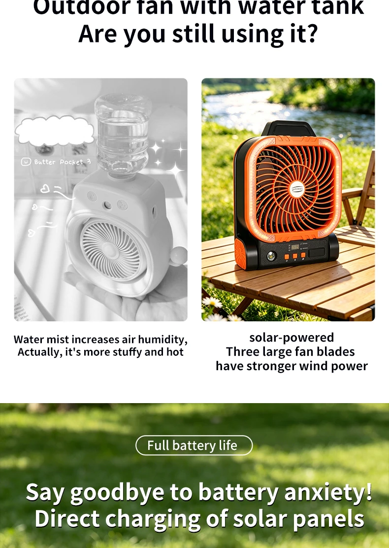 Solarbetriebener Campingventilator, tragbarer, wiederaufladbarer Tischventilator für den Außenbereich mit LED-Licht, Powerbank, Klapphaken für Zelt und Angeln – Detail 3