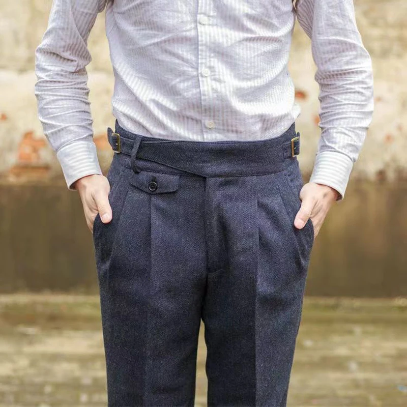 Vintage Gurkha Pants Men England Style High Waist Smart Casual Straight Trousers Autumn Winter Woolen Fashion Naples Suit Pant - Image 3