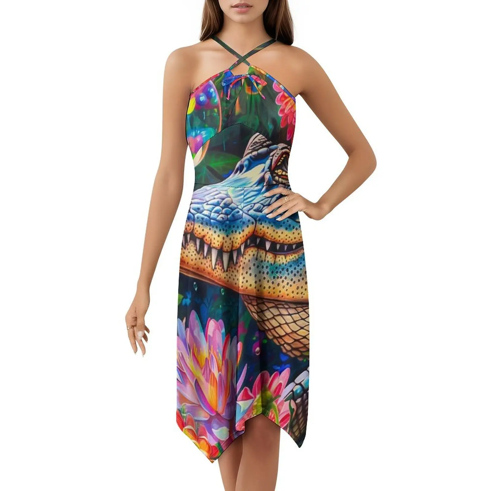 Gaun Gaya Korea Bubbles untuk Wanita Gaun Kasual Elegan untuk Pesta atau Pakaian Sehari-hari Bubbles Alligator Flowers Animals Female