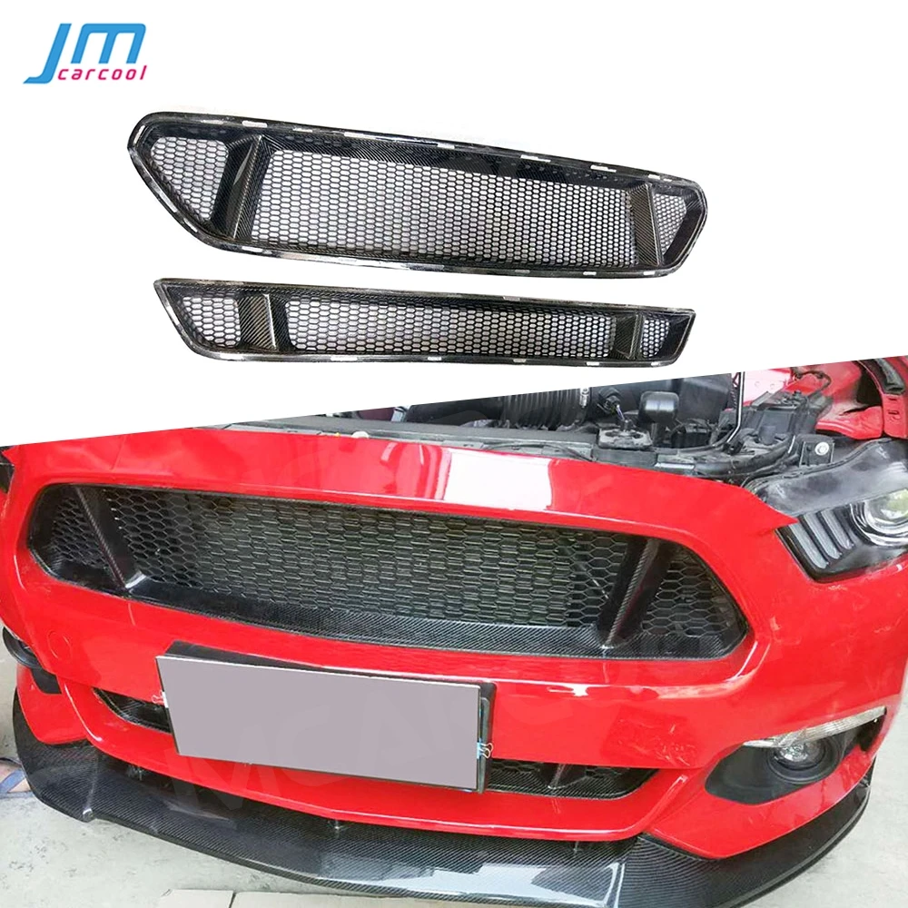 

Carbon Fiber Front Bumper Mesh Grille FRP Unpainted Black Grills Covers For Ford Mustang 2015 2016 2017 Car Styling