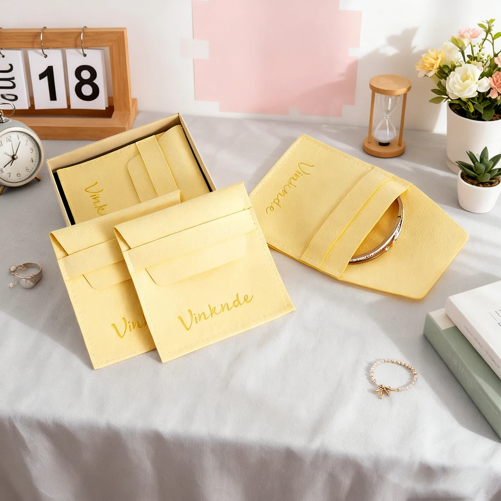 

50pcs 10x10cm Yellow Customized Logo Envelope Flap Bags Earring Necklace Ring Packaging Gift Bag Microfiber Velvet Jewelry Pouch
