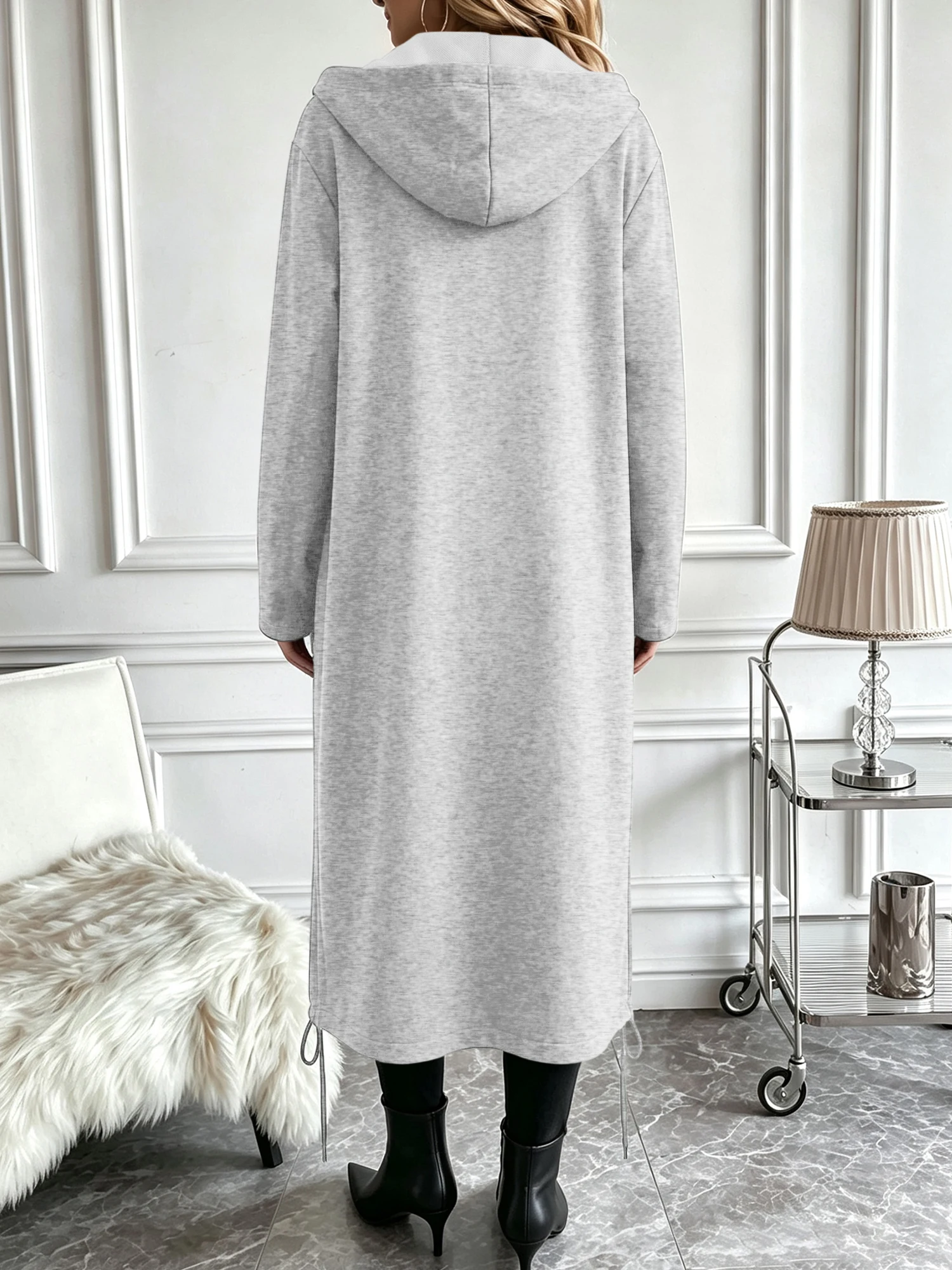 Oversized Long Hooded Zip Sweatshirt Coat For Ladies Side Drawstring Split Hem Long Sleeve Casual Cardigan