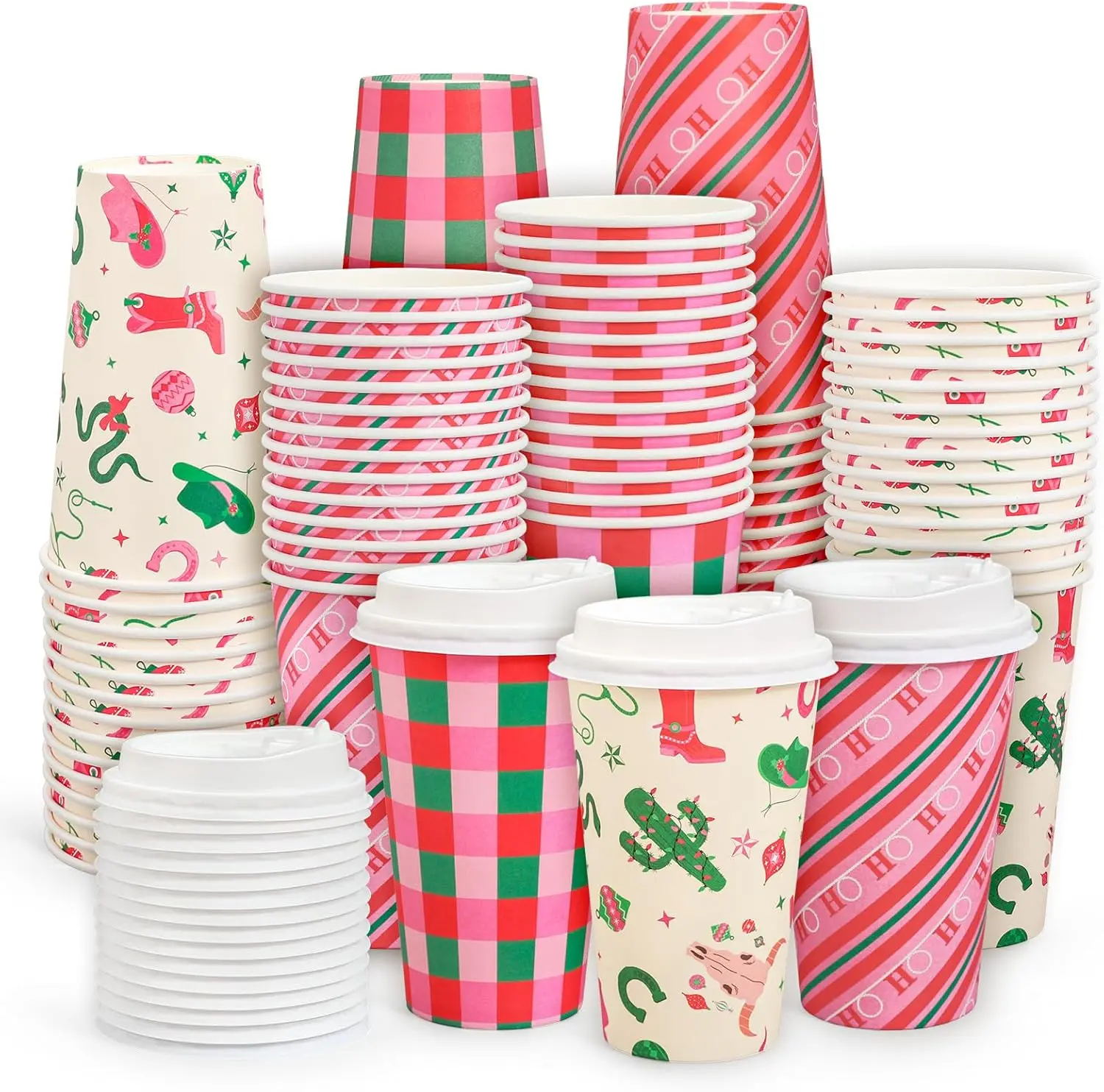 

Christmas Disposable Coffee Cups Xmas Pink Buffalo Plaid Western Paper Cups with Lids 16 Oz To Go Coffee Cup for Holiday