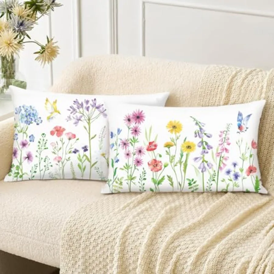 

Spring Floral Lumbar Pillow Covers 12 x 20 Inch Garden Flowers Birds Soft Velvet Decorative Throw Pillow Cases for Couch Sofa B