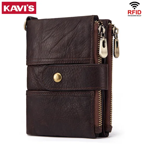KAVIS 100% Cartera Rfid de cuero genuino para hombre, billeteras Crazy Horse, monedero corto para hombre, monedero de calidad de diseñador, Mini Walet pequeño