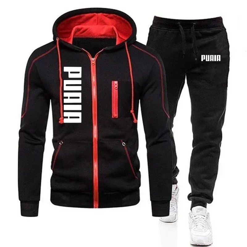 Neuer Outdoor-Jogging-Fitness-Hoodie + Hose für Herren, 2er-Set, lässige Herbst- und Wintermode mit Reißverschluss und Kapuze, Herren-Sportanzug