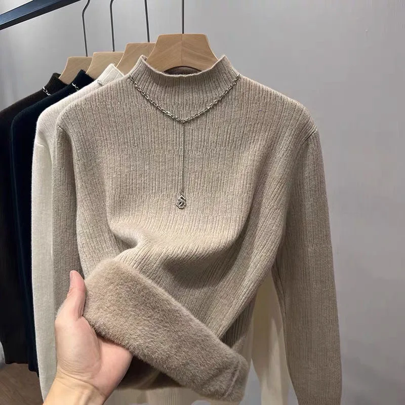 

Fdfklak Half-high Collar Winter Sweater Women Thicken Velvet Lined Warm Knitted Pullover Slim Tops Jersey Knitwear Jumper Female