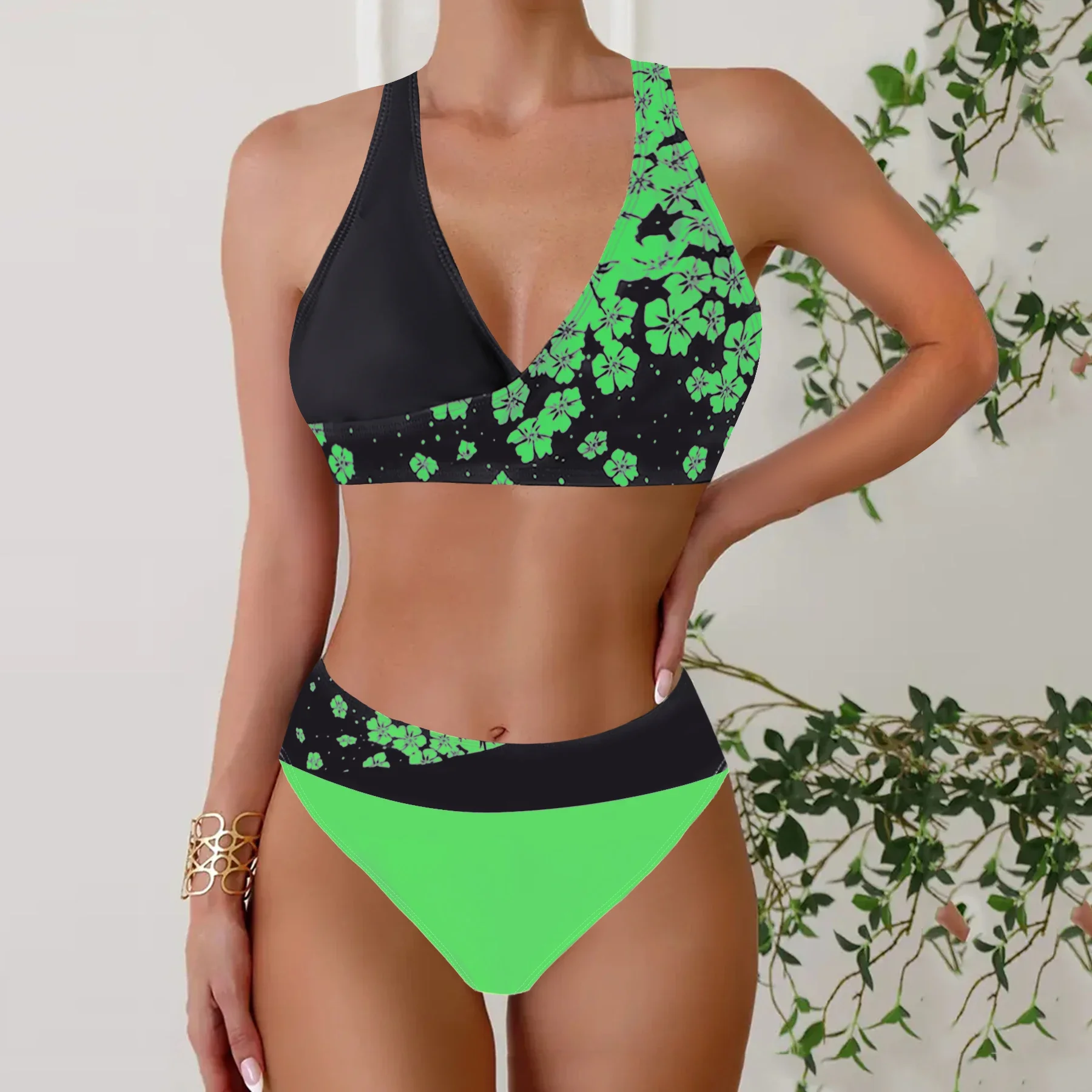 Women's Summer Vacation Tankini Set - High Stretch Crew Neck Swimsuit with Random Print, Knit Fabric 2 Piece Tropical Bikini