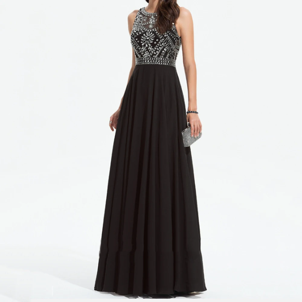 Personalizado a linha vestidos de noite até o chão colher pescoço sem mangas vestido de baile moda cristal drapeado requintado vestido de festa