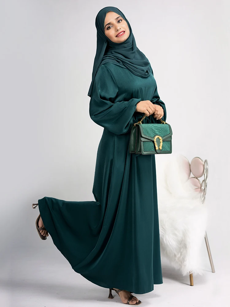 Muslim Women Dress Long Sleeves Ramadan Eid Dubai Abayas Satin Islam Clothing Hijab Robe Turkish Modest Outfit Kaftan (No Scarf)