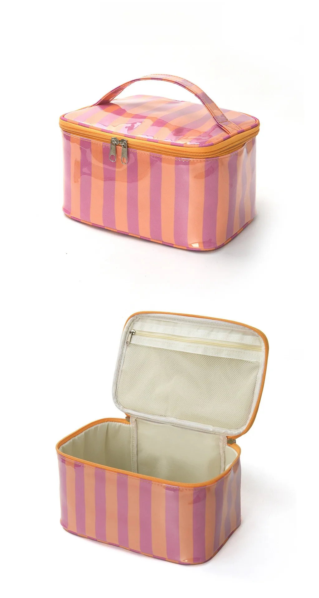 Glänzende, gestreifte PVC-Handtasche für Make-up, wasserdichte Kosmetiktasche mit großem Fassungsvermögen, Reise-Aufbewahrungstasche für Hautpflegeprodukte, mehrfarbige Kosmetiktasche – Detail 3