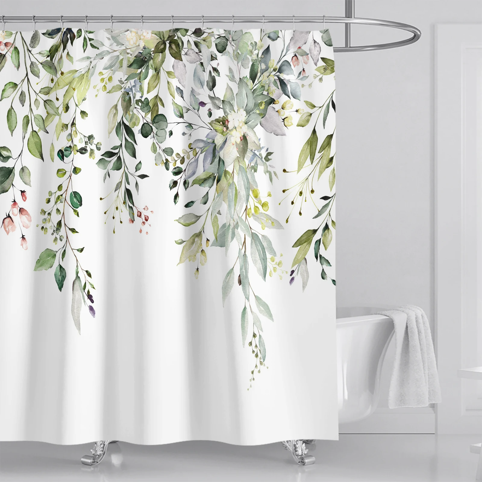 Watercolor Leaves on The Top Plant with Floral Bathroom Decoration Shower Curtain 180*180CM with Hooks