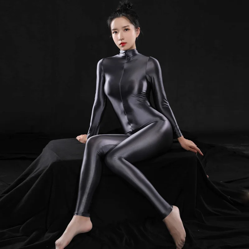 iny Smooth Women's Bodysuit Gymnastics Sportswear Tight Fit One-Piece Oil-Like Double Zipper Base Layer Pants