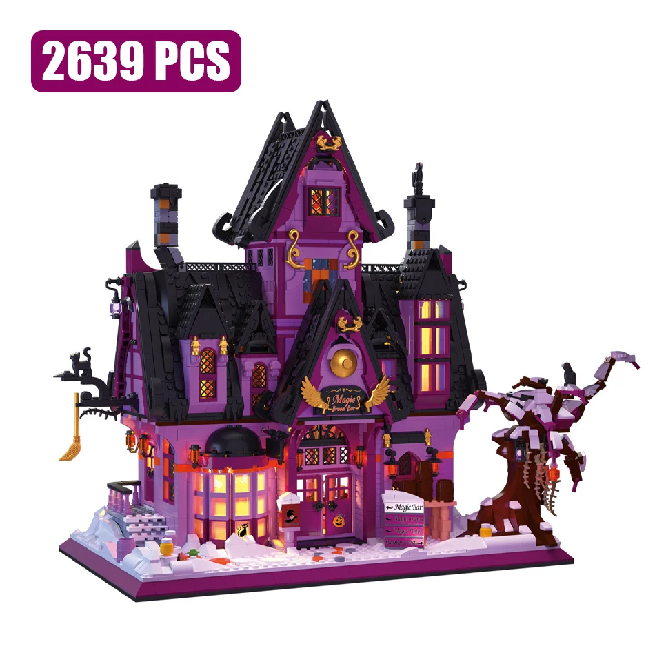 

MOC Magic Broom Bar City Street View Building Blocks with LED Halloween House Architecture Bricks Toys for Kids Christmas Gifts