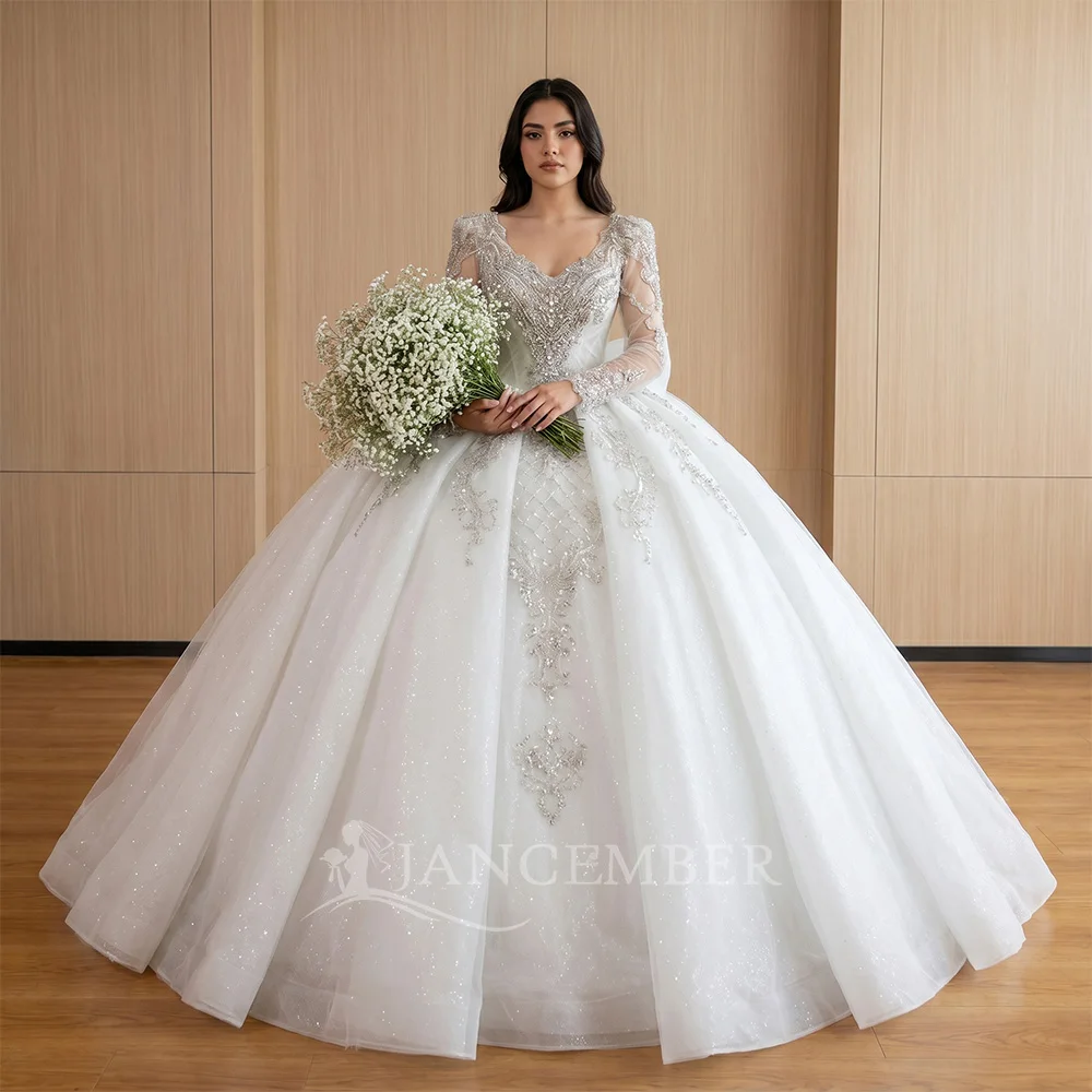 

Customized Long Sleeve Ball Gown Wedding Dresses With Bow 2026 O-Neck Princess Ruffles Bridal Gown Luxury vestidos de novia boda