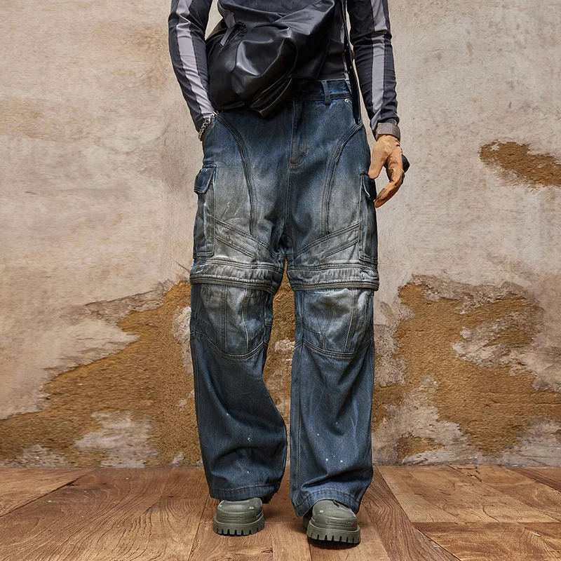Cargo Jeans Men Loose Baggy Pants Wide Leg Dismountable Light Blue Side Pockets Zippers Designer Patchwork Moto Biker Jeans Man