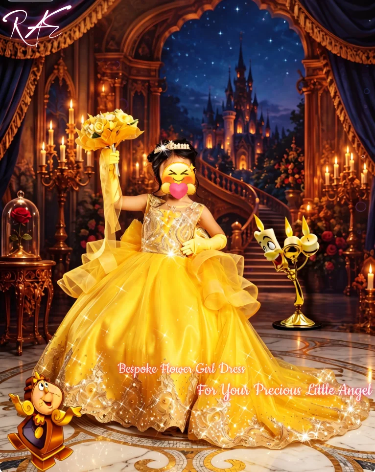 Gorgeous Yellow Sleeveless Gold Lace Embroidery Tulle Flower Girl Dress For Wedding Birthday Pageant Ball Gown Train Customized