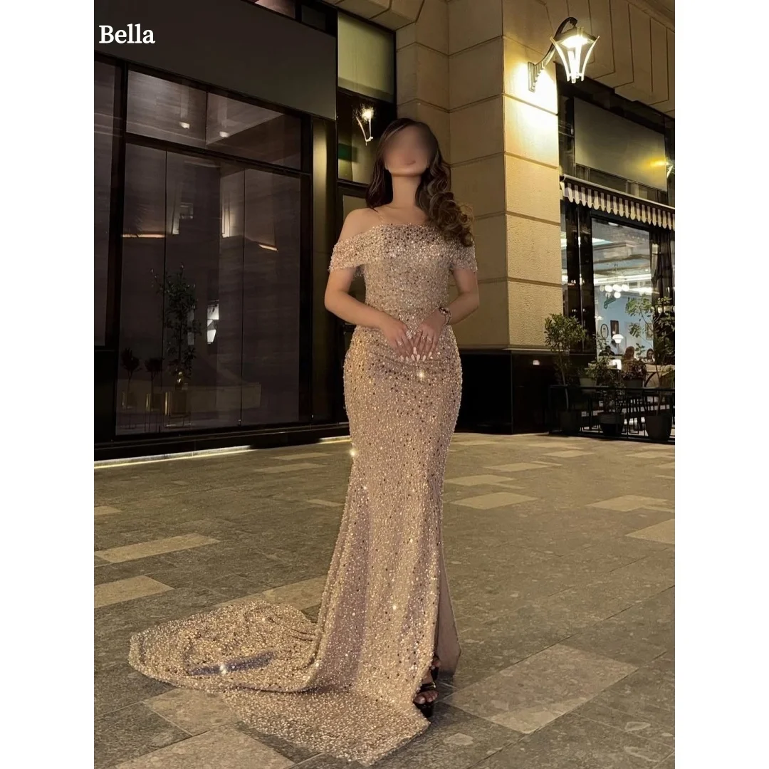 

Bella Настроить блестки с открытыми плечами Русалка халаты с открытой спиной и без бретелек Пром платья длиной до пола, свадебное платье 2025