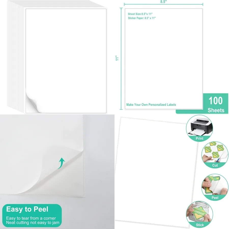

8.5 x 11 Printable White Sticker Paper Full Sheet Label Matte Finish Ideal for Laser and Inkjet Printers Perfect for Home Offic