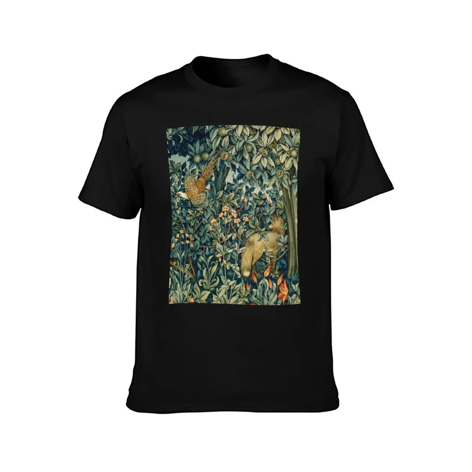 GREENERY FOREST ANIMALS Pheasant and Fox Blue Green Floral Tapestry T-Shirt Summer Casual Cotton Tee Vintage Graphic Print