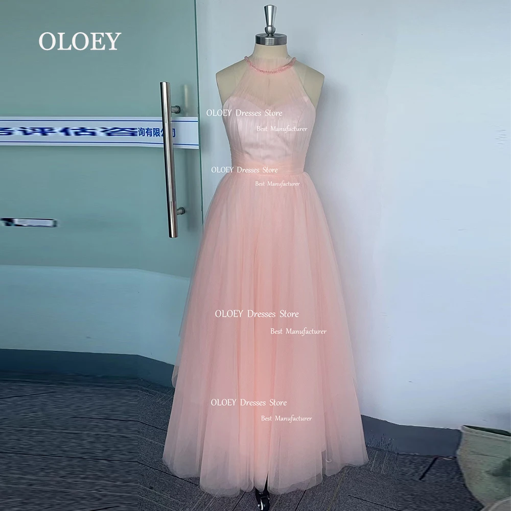 OLOEY-Elegante vestido de casamento de tule, vestido nupcial rosa coreano, vestido sedoso Halter, vestido halter personalizado, até o chão, vestido de festa, sessão fotográfica